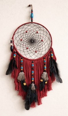 Boho Macrame Dreamcatcher 10 x24'' Red Black Wall Hanging Feather Beads Handmade
