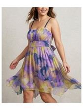 JONATHAN MARTIN VTG Purple/Yellow Empire Scarf Hem Mini Dress Chiffon 14 NWT