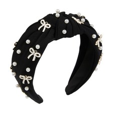 Knotted Wide Pearl  Bow Headband for Women NonSlip Black Hairband