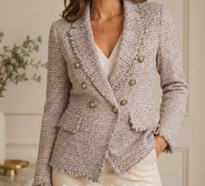   White House Black Market Tweed Studio Blazer Size 4 Fringe Metallic Buttons