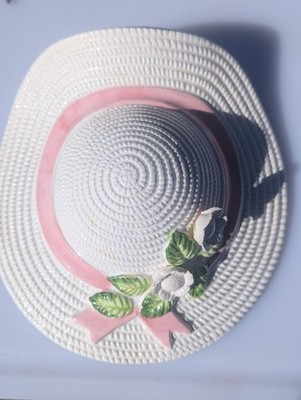 Vintage Ceramic Wall Pocket Planter Vase, Straw Sun Hat Pink Ribbon & Flowers