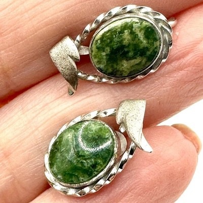 Vintage DCE Curtis Signed Sterling Silver Clip-On Earrings Oval Green Jade Stone