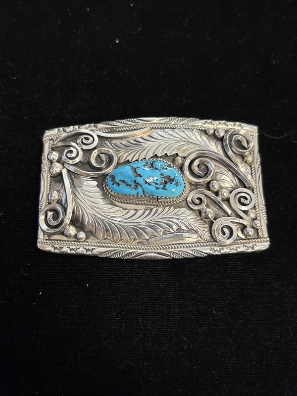 Vintage Justin Morris Navajo Sterling Silver Turquoise Belt Buckle