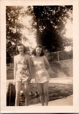 Vintage 1940s Snapshot Photo Two Young Women in Swimsuits by Pool Smiling