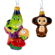 Russian Fairytale Crocodile Ornament Set of 2 Glass Christmas Decor Чебурашка
