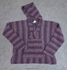 Baja Hoodie Womens Large Purple Pink Striped Mexican Pullover Boho Festival