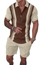 Men Casual Short Sets 2 Pieces Outfits 1/4 Zip Polo Shirt and Shorts Set