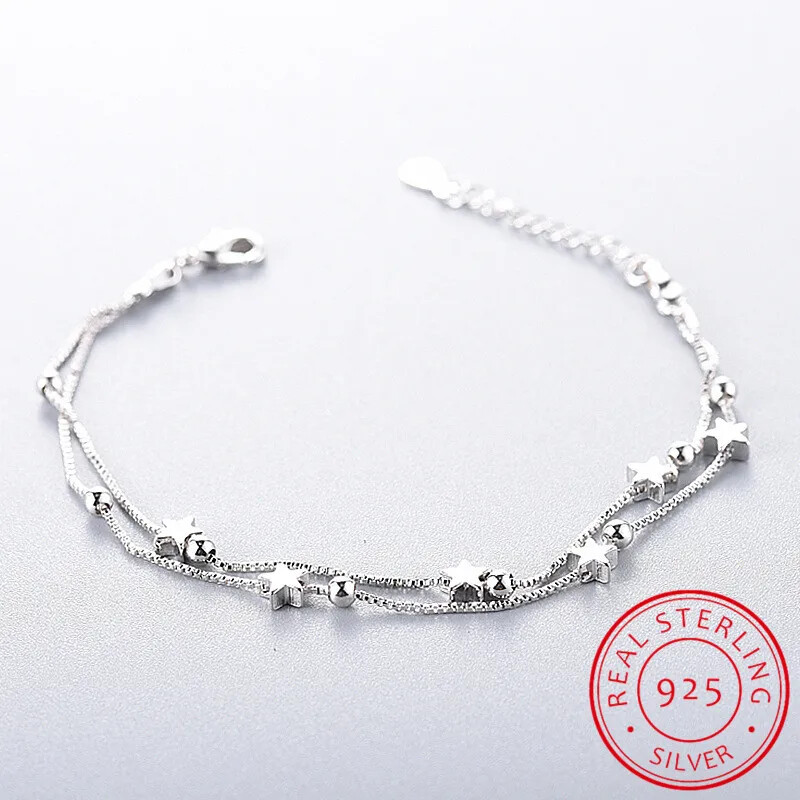 Silver Stars 925 Sterling Silver Double Chain Anklet for Women