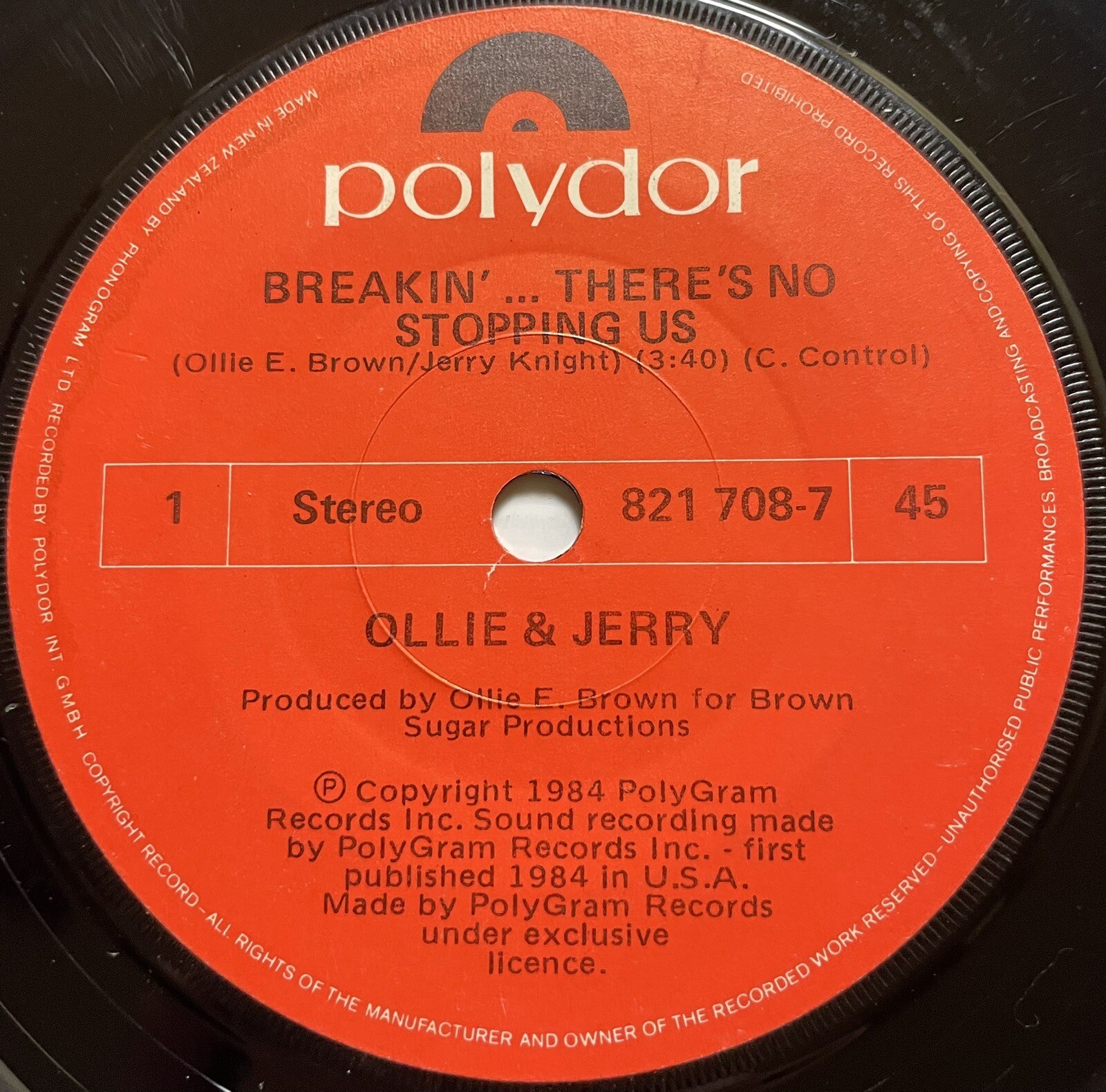 Ollie & Jerry Breakin’ There’s No Stopping Us Vinyl Record 7” 45RPM Polydor 1984