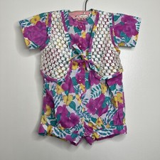 Vintage 90s Infant Baby One Piece Floral Outfit Size 12 Months Attached Vest
