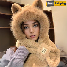 Winter Warm Hooded Scarf Fluffy Plush Neck Warmer with Cute Cartoon Ears