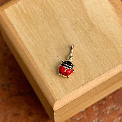 14KT Gelbgold Rot Emaille Dame Käfer Anhänger Charm Rot WINZIG 3D Klein Glück 7 mm
