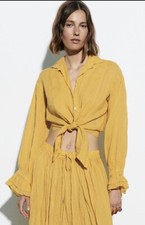 Top camicia Zara XS Cropped Ramie con bottoni e cravatta nodo in senape gialla