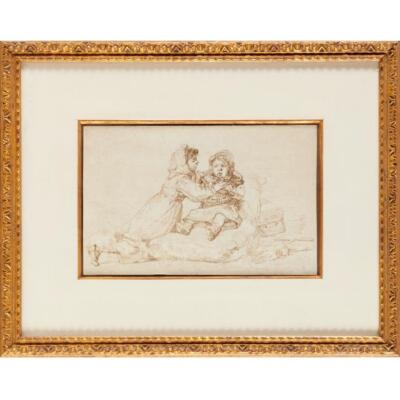 Simon Durand Swiss Ink On Paper Study Of Two Children Framed Antique 19th C