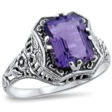 GENUINE AMETHYST 925 STERLING SILVER ART DECO STYLE SOLITAIRE FILIGREE RING 244Z