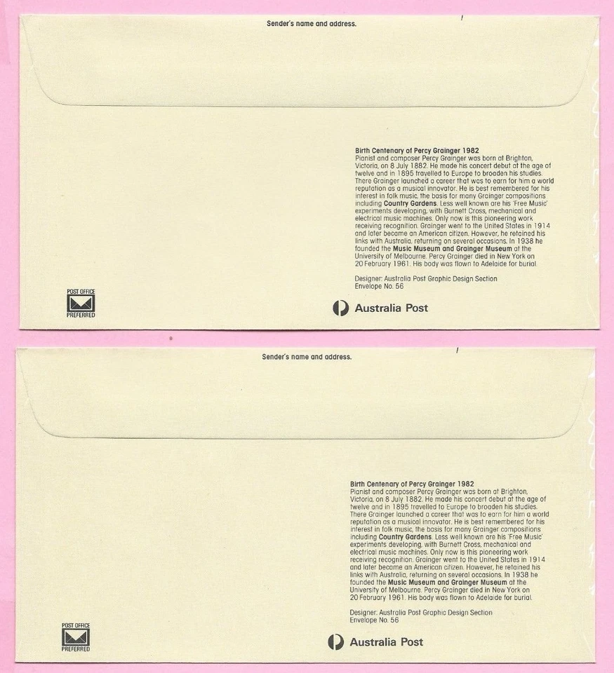 Australia 1982 Par de PSE #057 FDC y Como Nuevo - Centenario de Nacimiento Percy Grainger Foto 2 de 2