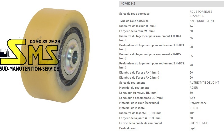 Roue stabilisatrice 140 50 62.5 mm pour Linde Fenwick N20 N20L