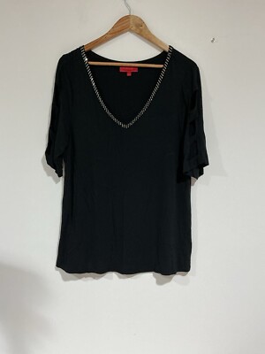 Womans Jlo Black V Neck Rhinestones Peek A Boo Short Sleeve T Shirt Xl
