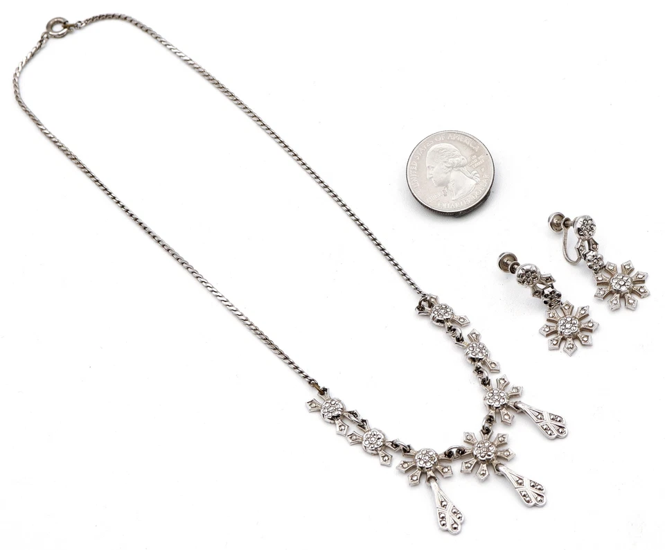 复古纯银 Marcasite 项链和螺丝背悬垂耳环套装 — 第 3/4 张图片