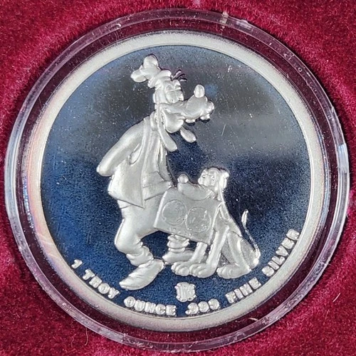 Proof Silver 1988 Goofy & Pluto Disney Around The World 1 oz w/ Box & COA