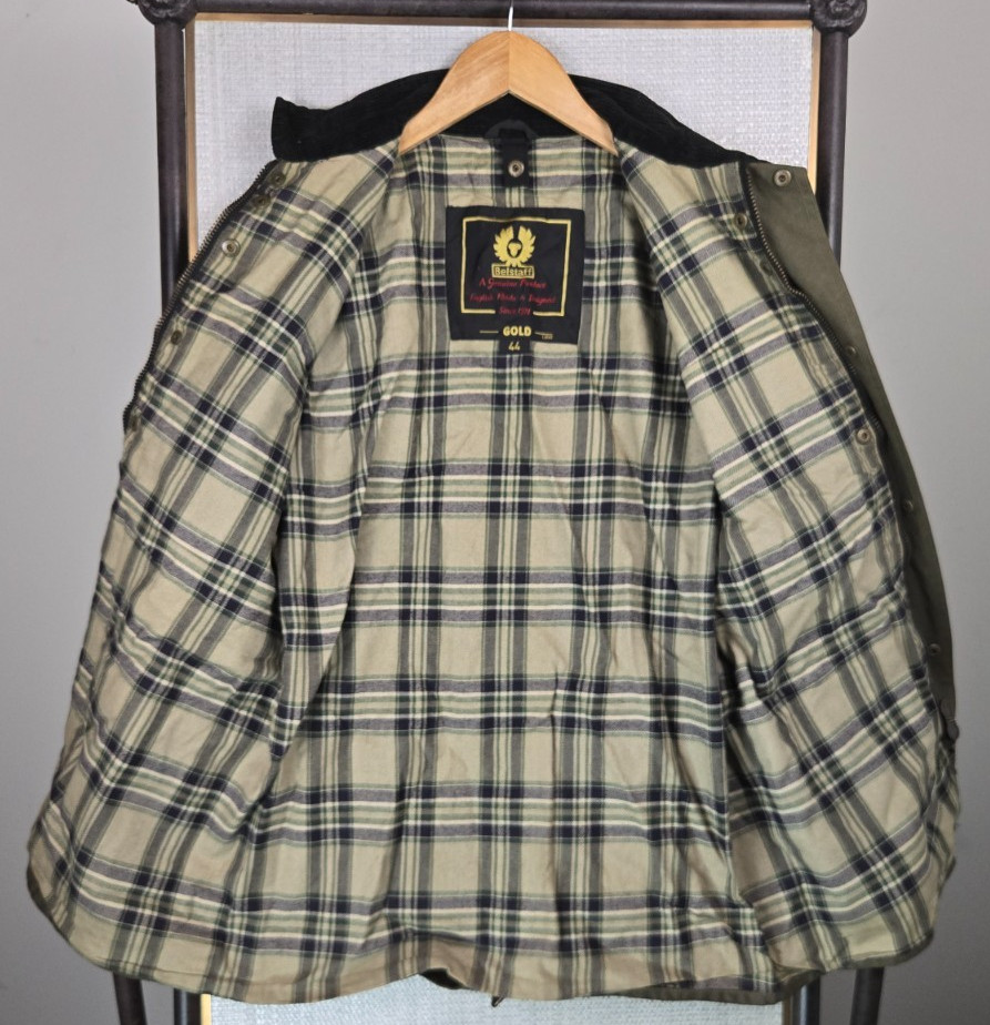 BELSTAFF GOLD Mens Size 44 Medium Oilskin Waxed Jacket Belted Green Zip Corduroy image 9