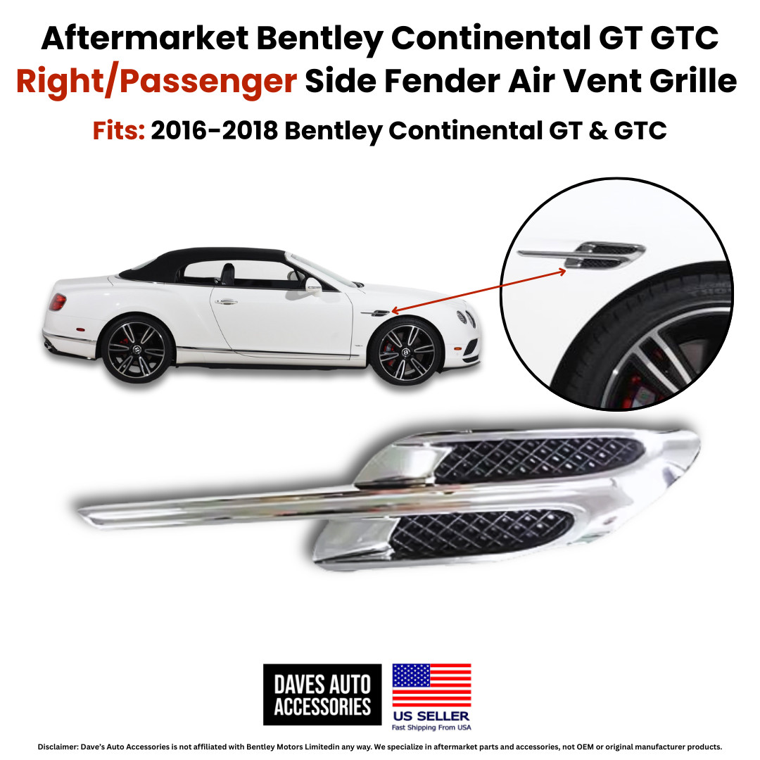 2016-2018 Bentley GT GTC Right Side Fender Vent Grille Chrome Trim
