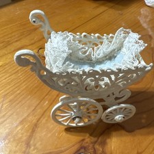 Vintage Miniature Baby Carriage Pram Buggy Cast Metal Filigree Dollhouse