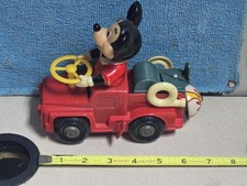 Vintage Disney Mickey litho plastic and tin Mickey Mouse Fire Truck Wind-Up