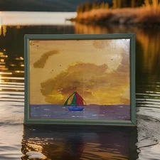 Original Acrylic Painting Colorful Seascape 17.5” x 21.5” New Canvas. Signed