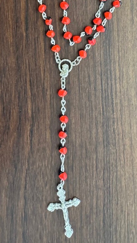 Handmade Red Seed Bead Christian Rosary Necklace with Metal Crucifix Pendant