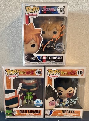 Funko Pop Signed Lot DBZ Vegeta #10, Great Saiyaman #970, Bleach Ichigo PSA/JSA
