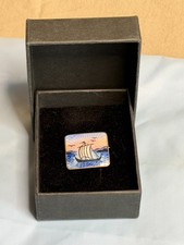 Vintage Norway 925 Sterling Silver Enamel Viking Ship Brooch Guilloche Jewellery