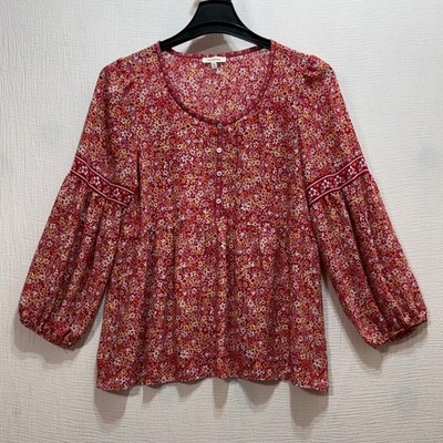 Max Studio Floral Babydoll Blouse Womens Large Red Orange Puff Sleeve