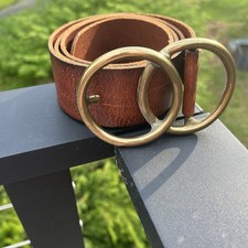 Vintage USA GAP Brown Leather Belt Brass Buckle Womens Size Medium Double Ring