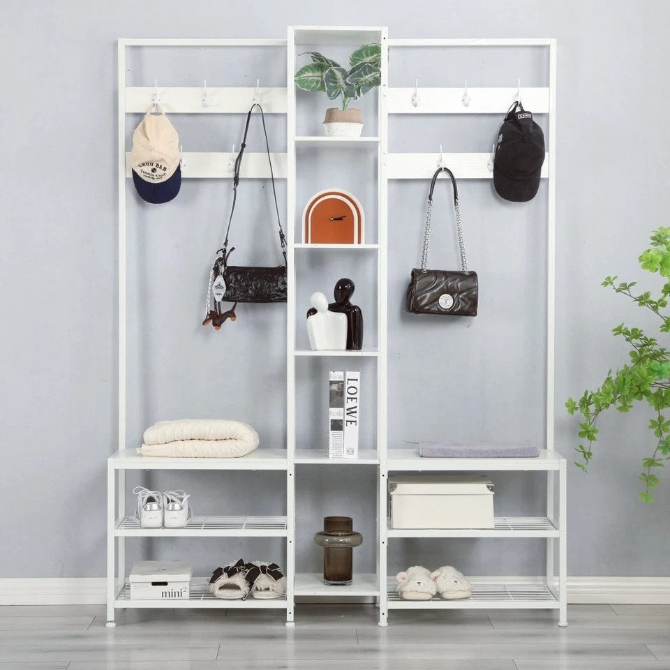 Banco de almacenamiento de perchero con soporte para zapatos de árbol de pasillo de esquina blanco estantes abiertos Foto 2 de 4