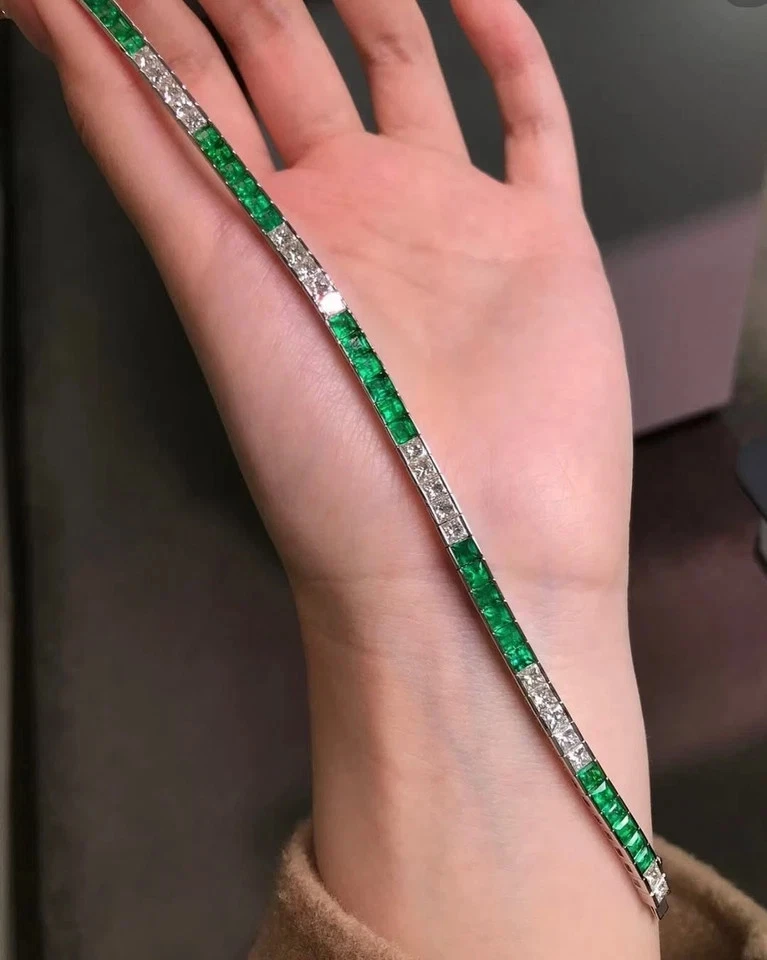 Brazalete Tenis Diamante Esmeralda Natural Corte Princesa 12.00Ct Oro Blanco Real 14K Foto 4 de 4