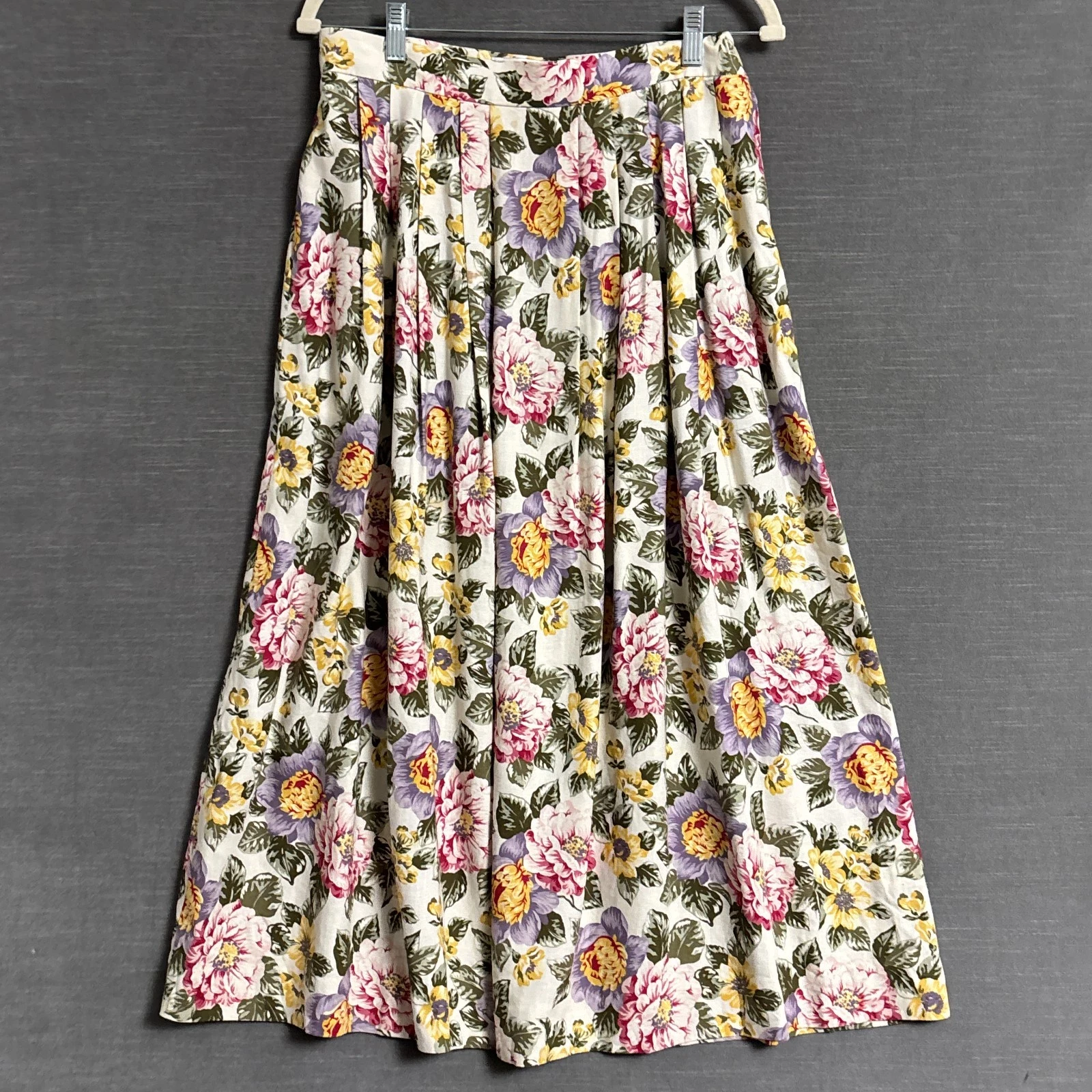 Vintage JH Collectibles Skirt 14 Yellow Pink Floral Linen Rayon Pleated 80s 90s