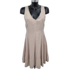 Heart Linen Blend Sleeveless V-Neck Dress XS UK 8 Beige Lace Trim
