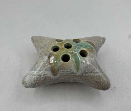 Vintage MCM Green Drip Glaze Tan Speckled Pillow Flower Frog Art Pottery Vase 3"