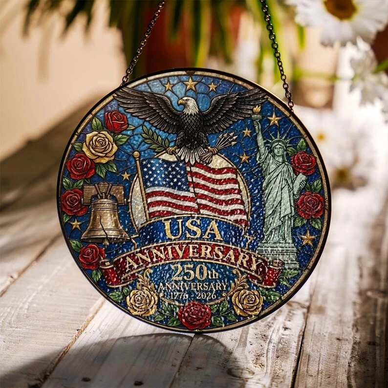 USA 250th Anniversary Patriotic American History Stained Glass Suncatcher Window Hanging Decor