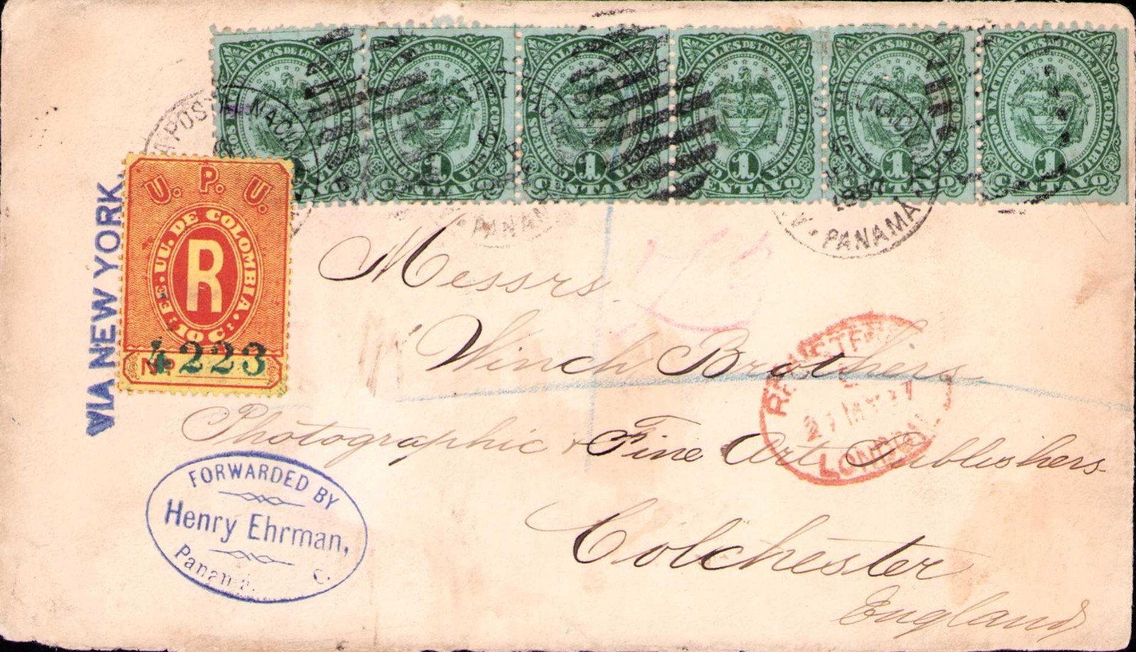 PANAMA - ENGLAND - 20c REGISTERED COVER - PANAMA to COLCHESTER via LONDON - 1887