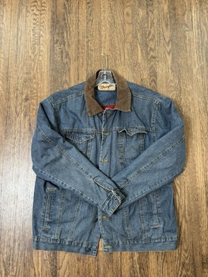 Wrangler Mens Large Plaid Lined Denim Trucker Jacket Corduroy Collar Western L