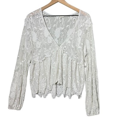 Emory Park Floral White Lace Peplum Top Long Sleeve Women's Size M