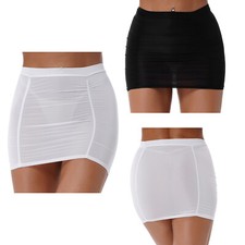 Womens Sheer Wrap Skirt Ruched Silk Mini Skirts Pencil Bodycon Dress Clubwear
