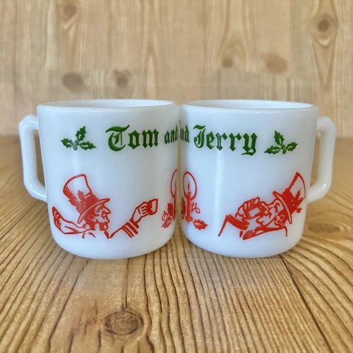 2 Vintage Set Hazel Atlas Tom & Jerry Mugs Cups 50's Milk Glass Christmas Decor