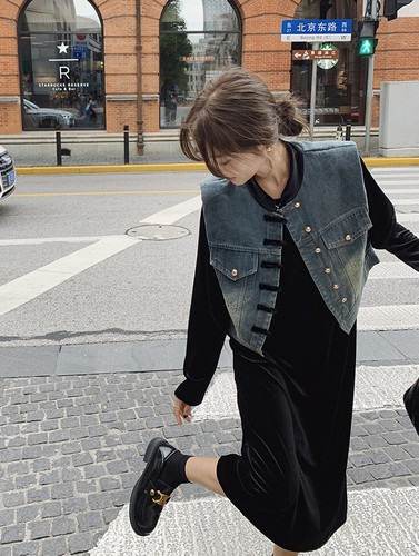 Midi Dress Denim Vest Set Women Long Sleeve Round Neck Black Velvet Size 6-14 - Picture 8 of 18
