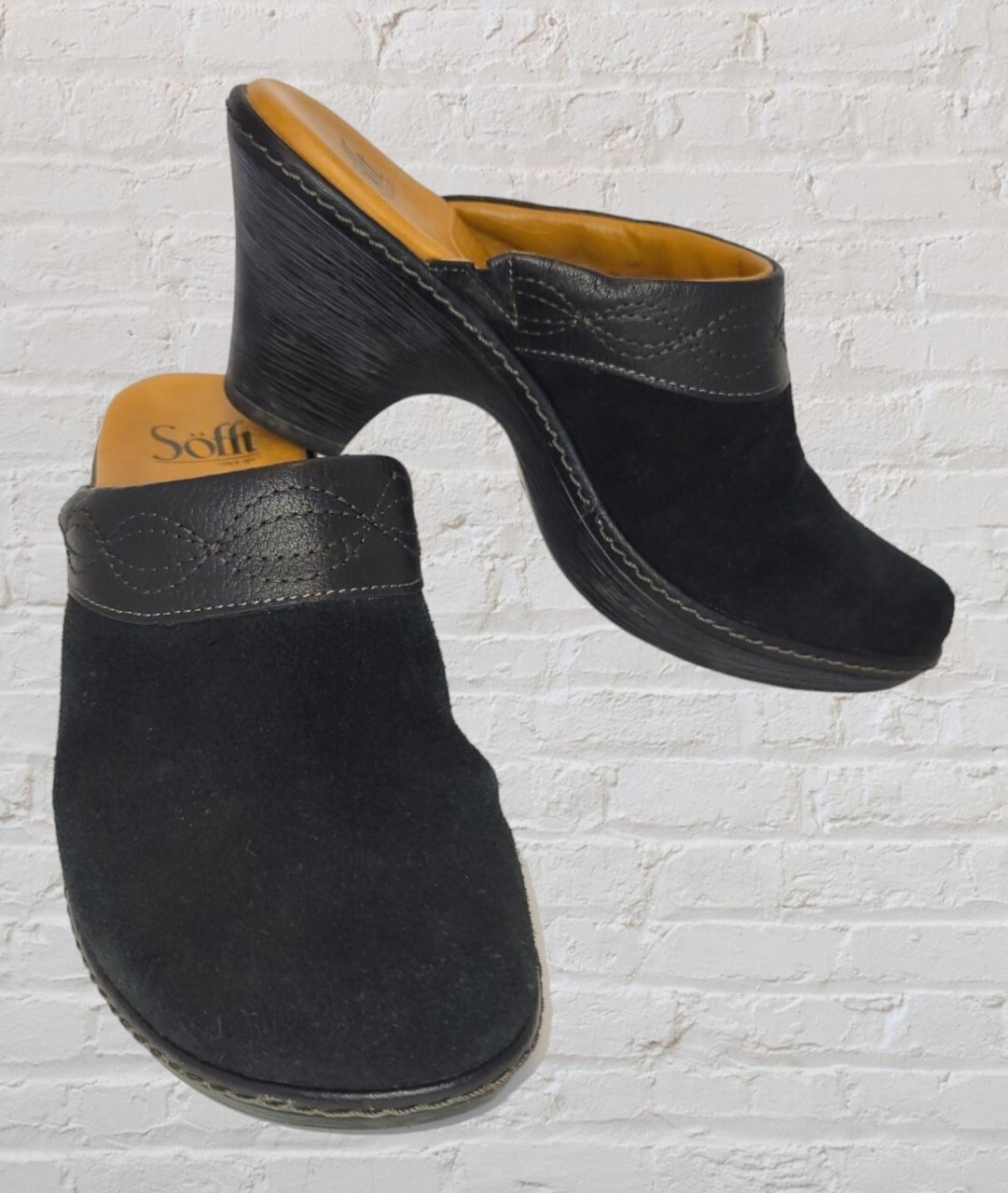 Sofft Womens Black Suede Leather Heeled Mules Slip-On Closed Toe-image
