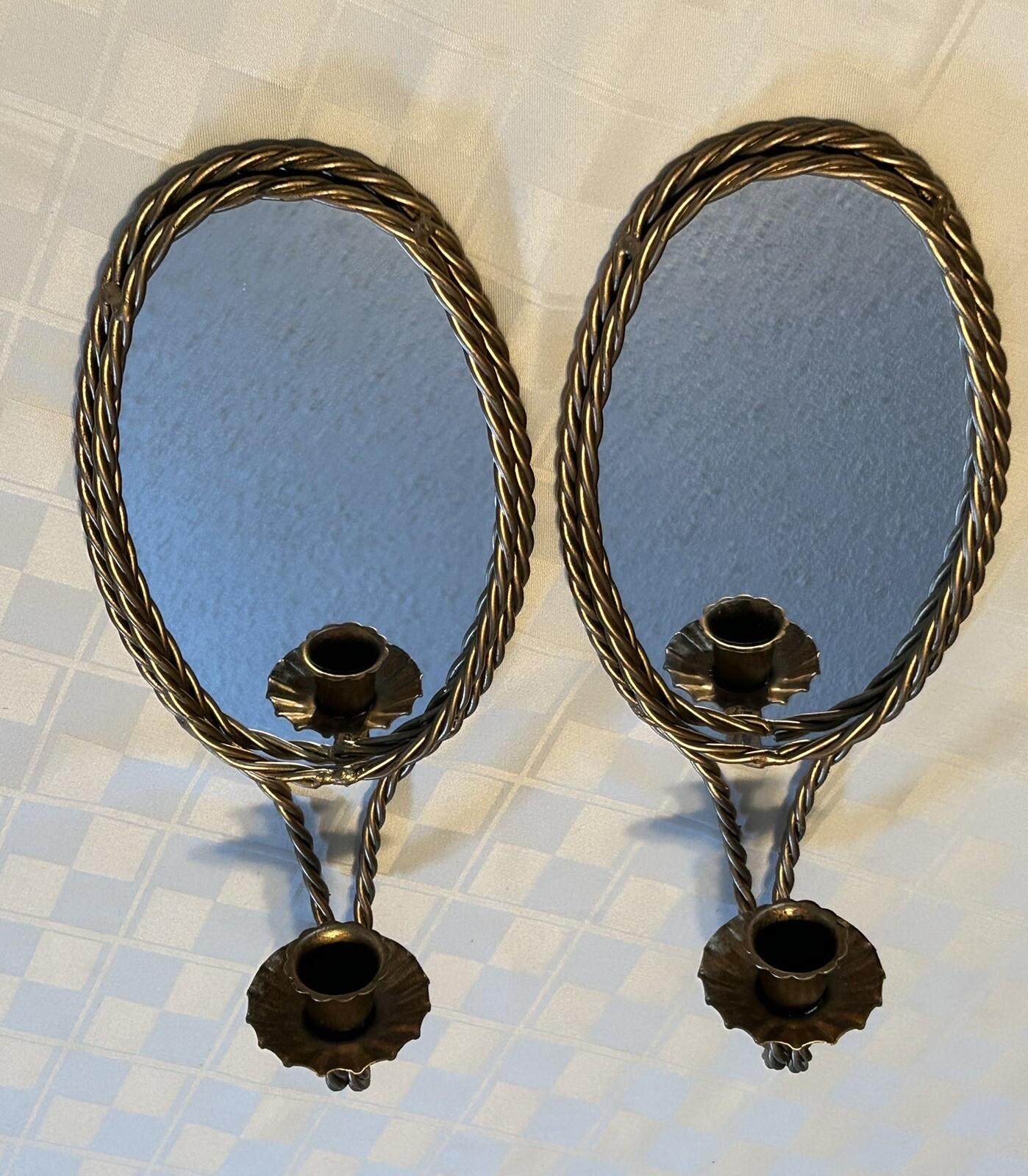 VTG PAIR HOME INTERIORS OVAL MIRROR GOLD TWISTED WALL SCONCES W/GLASS