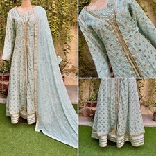 Pakistani Sky Blue double Long Maxi Style Embroidered Sequins Chiffon Dress,XL