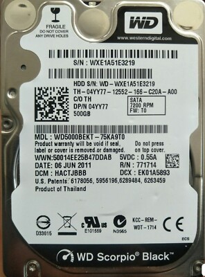 Western Digital 500GB WD5000BPVT 5400RPM SATA 2.5'' Laptop HDD Hard Disk Drive